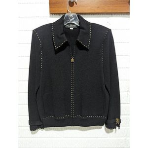 St John Collection Women's 10 Black Zip Front Jacket Pockets Gold Trim